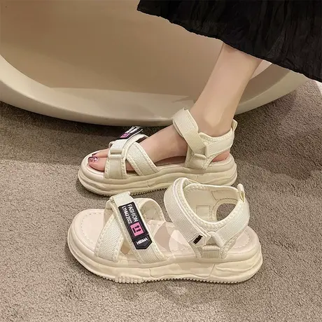 运动厚底凉鞋女夏2024年新款松糕外穿沙滩鞋白色软底魔术贴罗马鞋商品大图