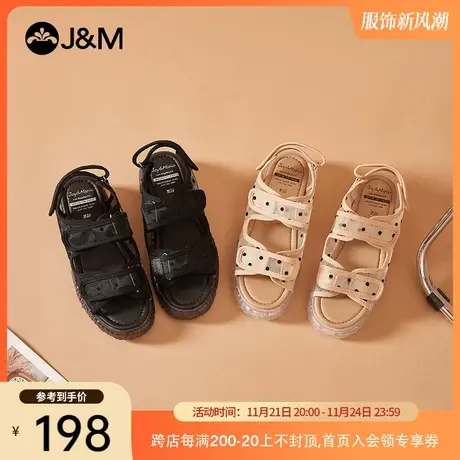 jm快乐玛丽2021夏季新款水晶底女魔术贴波点蕾丝厚底运动凉拖鞋商品大图