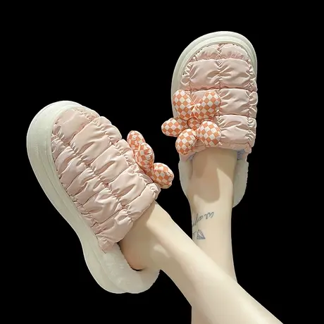 可爱花朵棉拖鞋女秋冬季室内外穿羽绒布防水加绒保暖厚底防滑拖鞋商品大图