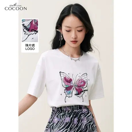 miss COCOON蝴蝶刺绣短袖t恤女装2023夏装新款温柔风圆领气质上衣商品大图