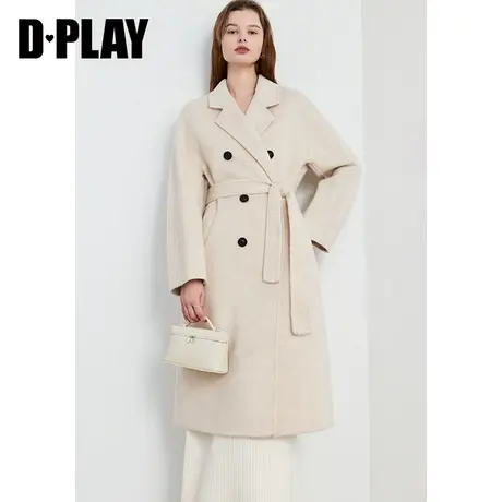 DPLAY冬季气质通勤米色羊毛5%驼绒双面呢中长款大衣商品大图