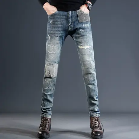 香港高端复古破洞补丁牛仔裤男秋冬款修身小脚潮流补丁痞帅男裤子商品大图