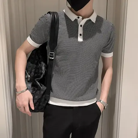 夏季男polo衫t恤短袖修身翻领半袖个性潮流条纹拼色领半截袖体恤商品大图
