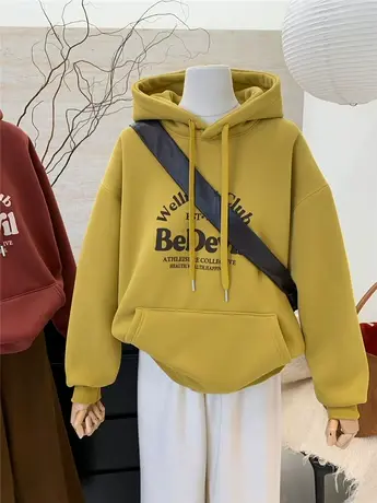 美式复古字母印花宽松加绒加厚连帽卫衣女冬季新款保暖上衣外套商品大图