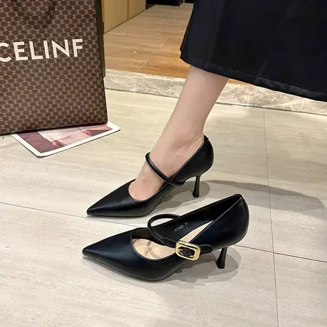 玛丽珍鞋女2024年秋冬季新款时尚细跟浅口单鞋法式尖头气质小皮鞋图片