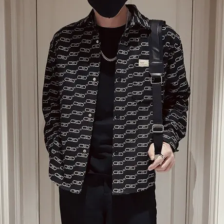 重磅秋装休闲外套男2023新款满印花秋季潮流百搭工装花色夹克上衣图片