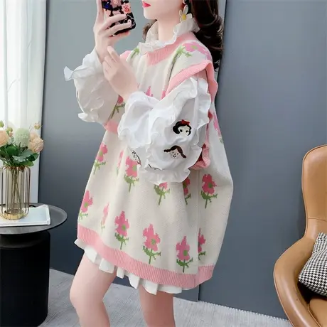 学院风甜美减龄木耳圆领针织马甲背心女春季宽松洋气毛衣坎肩马夹商品大图