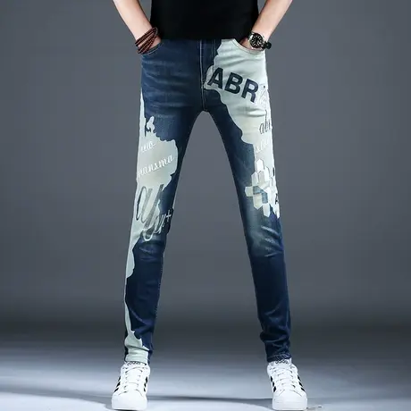 2024新款春秋男士牛仔裤子男款时尚个性修身印花拼色小脚弹力男裤商品大图
