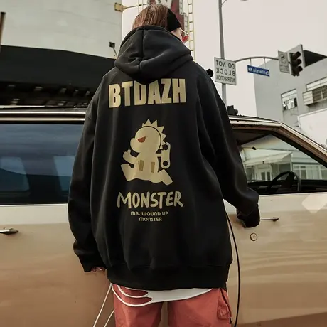 卫衣连帽男款欧美潮牌发条小怪兽联名hiphop加绒纯棉套头大码外套商品大图