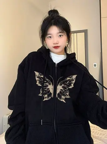 开衫拉链卫衣外套女2024新款秋冬美式复古高级感大码宽松连帽上衣商品大图