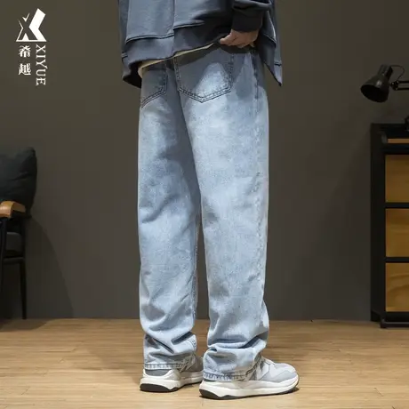 希越浅蓝色直筒牛仔裤男士2024春季新款宽松大码美式高街休闲长裤商品大图