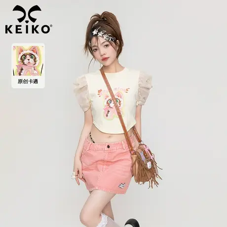 设计感印花圆领短袖上衣女露脐2022夏季甜辣妹纯棉短款泡泡袖t恤商品大图