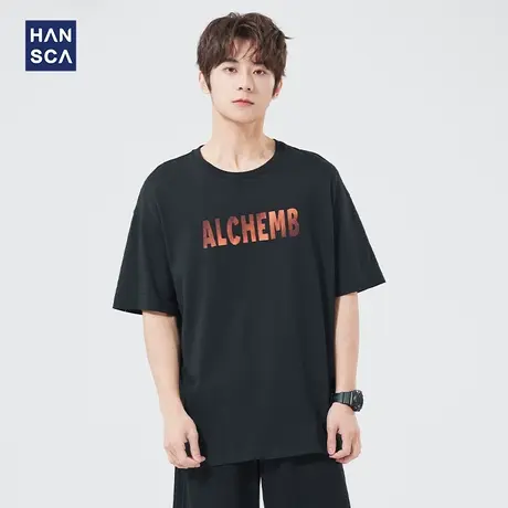 汉斯卡短袖t恤男纯棉夏季新款圆领宽松黑色ins潮流印花半袖上衣服商品大图