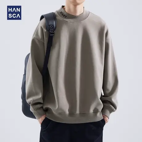 hansca重磅圆领卫衣男秋季美式潮牌纯色宽松大码运动休闲无帽外套商品大图
