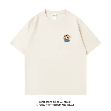 夏季趣味简约卡通小熊印花纯棉短袖T恤男宽松休闲半袖上衣体恤图片