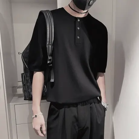 夏季针织POLO衫男ins纯色简约轻熟风百搭高级感短袖T恤薄款半截袖商品大图