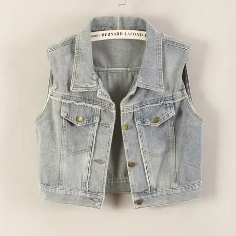 牛仔马甲背心女短款复古毛边休闲春秋高腰新款无袖外套垫肩小外搭商品大图
