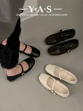 玛丽珍鞋浅口搭扣单鞋女2024春季新款韩版方头平底浅口软底豆豆鞋商品大图