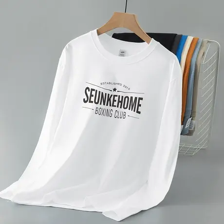 重磅纯棉长袖t恤男装圆领白色上衣服美式宽松全棉内搭打底衫秋衣商品大图