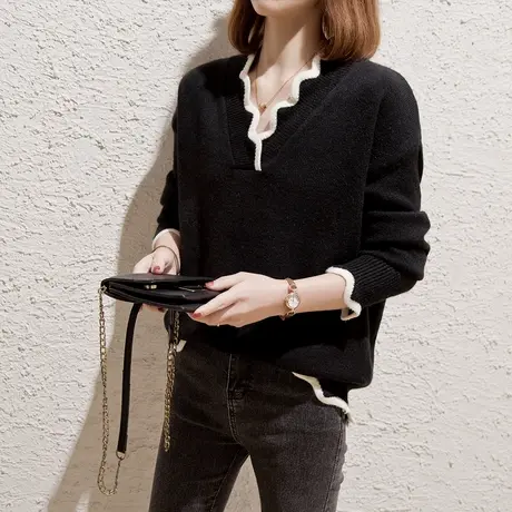 v领毛衣女套头2023春装新款宽松慵懒风外穿针织衫加厚内搭上衣潮商品大图