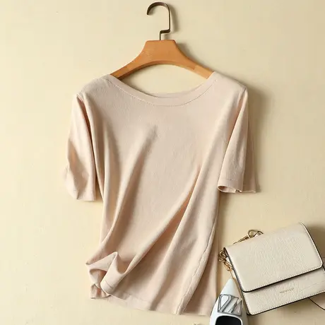 冰丝针织t恤女短袖修身夏季短款韩版女装2023新款潮薄款打底上衣商品大图