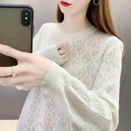 2022早春新款女装圆领镂空套头针织衫女百搭打底衫洋气外穿上衣商品大图