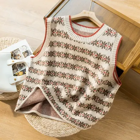 条纹针织马夹背心文艺复古宽松显瘦百搭毛衣马甲上衣2022秋冬新款商品大图