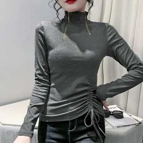 设计感抽绳T恤女长袖欧货洋气半高领打底衫内搭修身显瘦拉链上衣商品大图