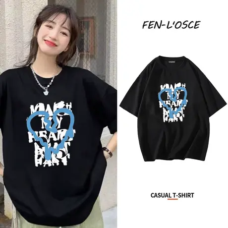 纯棉T恤女夏季2023新款复古日系设计感宽松黑色ins潮网红短袖上衣商品大图