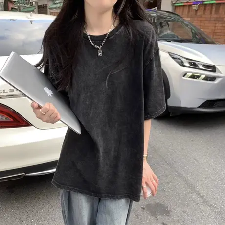 美式复古做旧水洗黑色短袖T恤女夏季宽松休闲显瘦打底中长款上衣商品大图