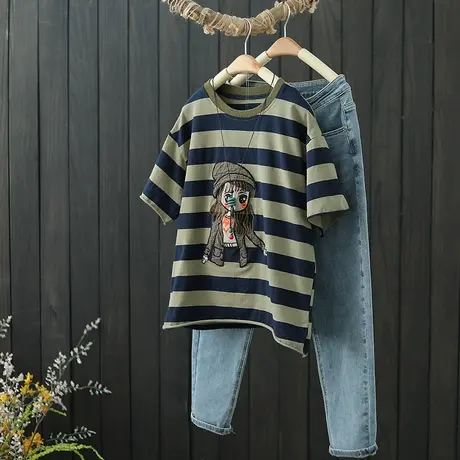 短袖t恤女夏季2022新款文艺刺绣宽条纹圆领全棉上衣休闲百搭体恤商品大图