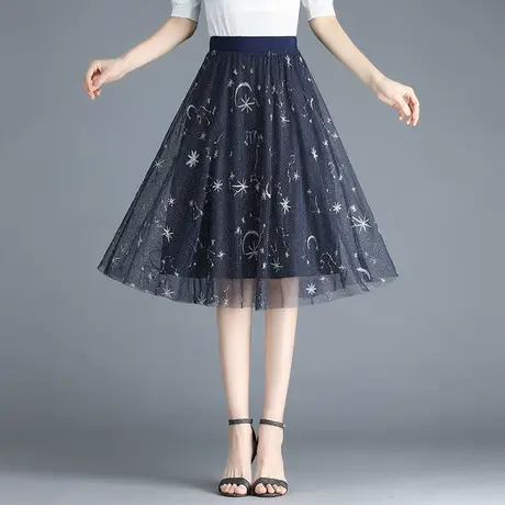 2023新款夏季印花网纱裙子半身裙垂感中长款高腰a字裙百褶裙女裙商品大图