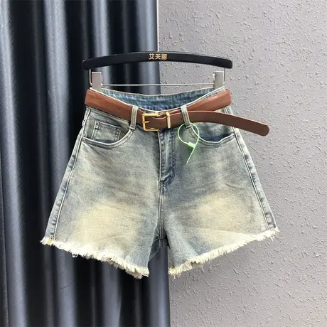 网红毛边复古牛仔短裤女潮流休闲高腰热裤夏季新款显瘦a字阔腿裤图片