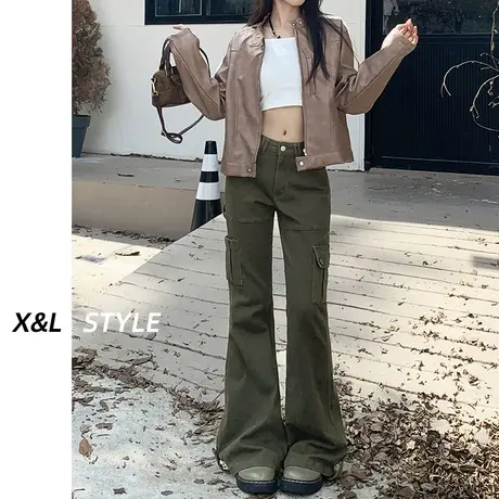 灰色高腰工装喇叭裤女春秋季2023年新款显瘦宽松阔腿微喇休闲裤子图片