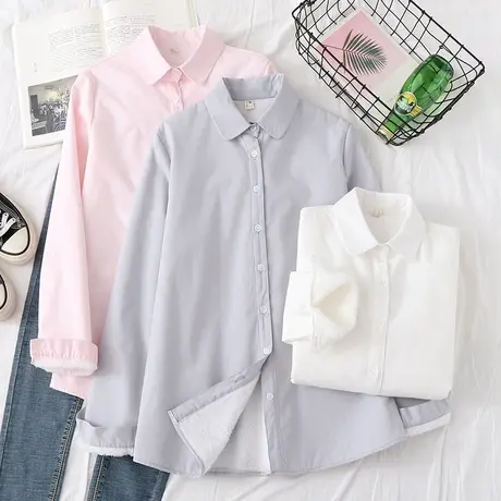 冬季新款韩版文艺小清新加绒纯棉衬衫女保暖职业百搭加厚打底衬衣商品大图