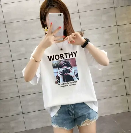 白色短袖t恤女韩国短款宽松百搭纯棉个性韩版原宿风BF学生夏上衣图片