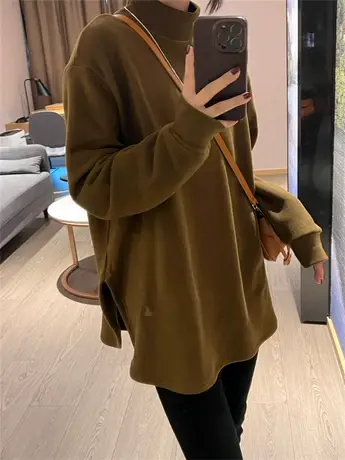 不规则开叉高领双面德绒打底衫女秋冬欧货宽松大版加厚磨毛T恤女图片