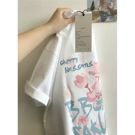 纯棉花朵甜酷短袖t恤女ins潮夏季宽松港味复古chic上衣服洋气减龄图片