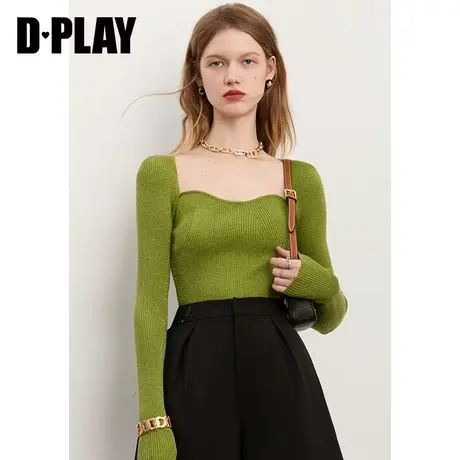 DPLAY秋装新温柔气质甜美绿长袖针织衫复古方领简约小个子上衣图片