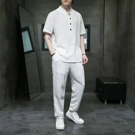 中国风冰丝薄款V领短袖高端T恤男套装成熟稳重男装搭配一套帅气图片