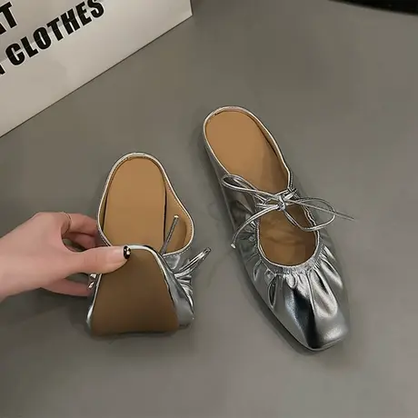 惊艳出场~小众法式褶皱系带包头半拖鞋女外穿平底金银色玛丽珍鞋图片
