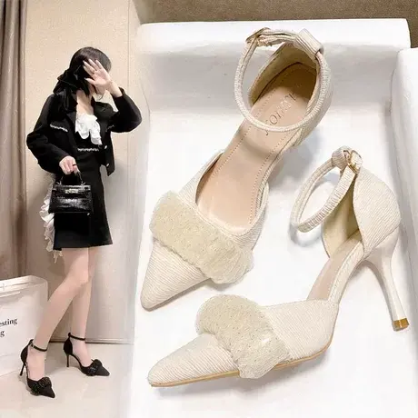 优雅夏季新款百搭绸缎中空包跟高跟鞋细跟黑色性感包头凉鞋女潮商品大图