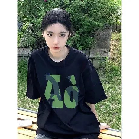 美式复古短袖T恤女夏季胖mm大码宽松显瘦时尚百搭正肩上衣2-300斤商品大图