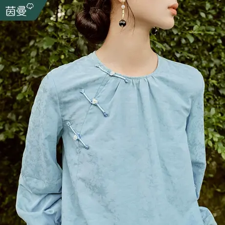 茵曼新中式盘扣衬衫女2023秋冬新款设计感圆领长袖衬衣灯笼袖上衣商品大图