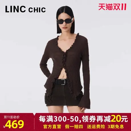 LINCCHIC金羽杰针织开衫女2023秋季新款浪漫V领长袖中长款针织衫商品大图