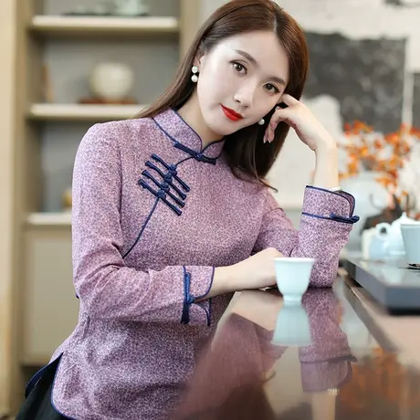 唐装女中国风旗袍式上衣2022年长袖薄款素衣茶服民国中式禅意女装商品大图