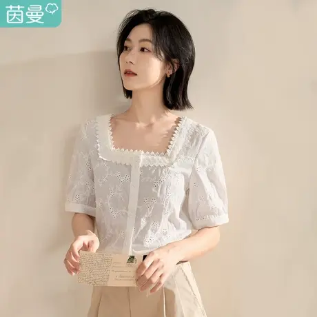 【商场同款】茵曼2023春女装新款时尚法式方领刺绣修身衬衫衬衣图片