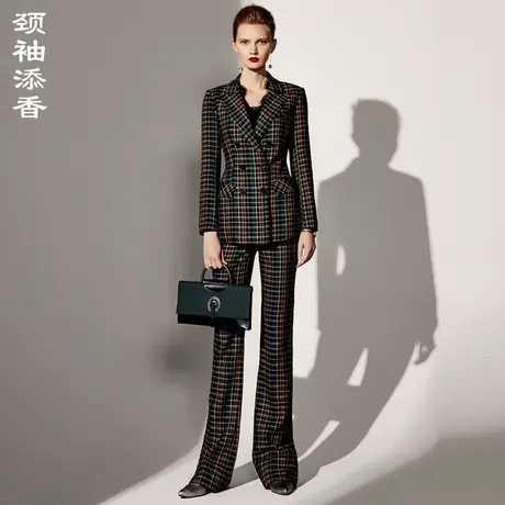 颈袖添香2023春秋新款职业女裤白领经理英伦格子修身商务正装图片