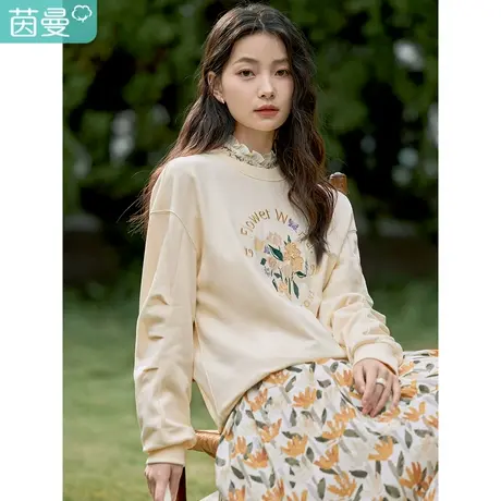 茵曼圆领长袖卫衣女春装2023新款时尚通勤立体绣花堆堆袖宽松舒适图片