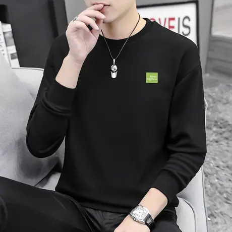 春秋款黑色卫衣男宽松潮流百搭印花套头无帽秋季上衣圆领长袖t恤商品大图